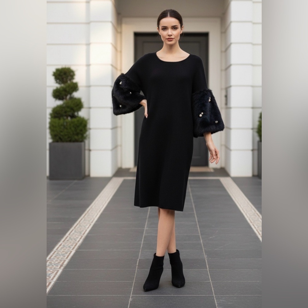 Chic Black Dress with Faux Fur Sleeves
